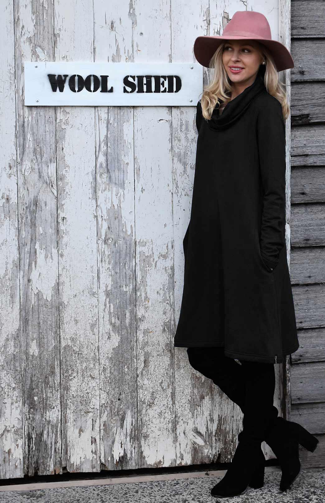 Black Women&#39;s Merino Wool Blend Cowl Neck Fleece Swing Dress with Pockets
