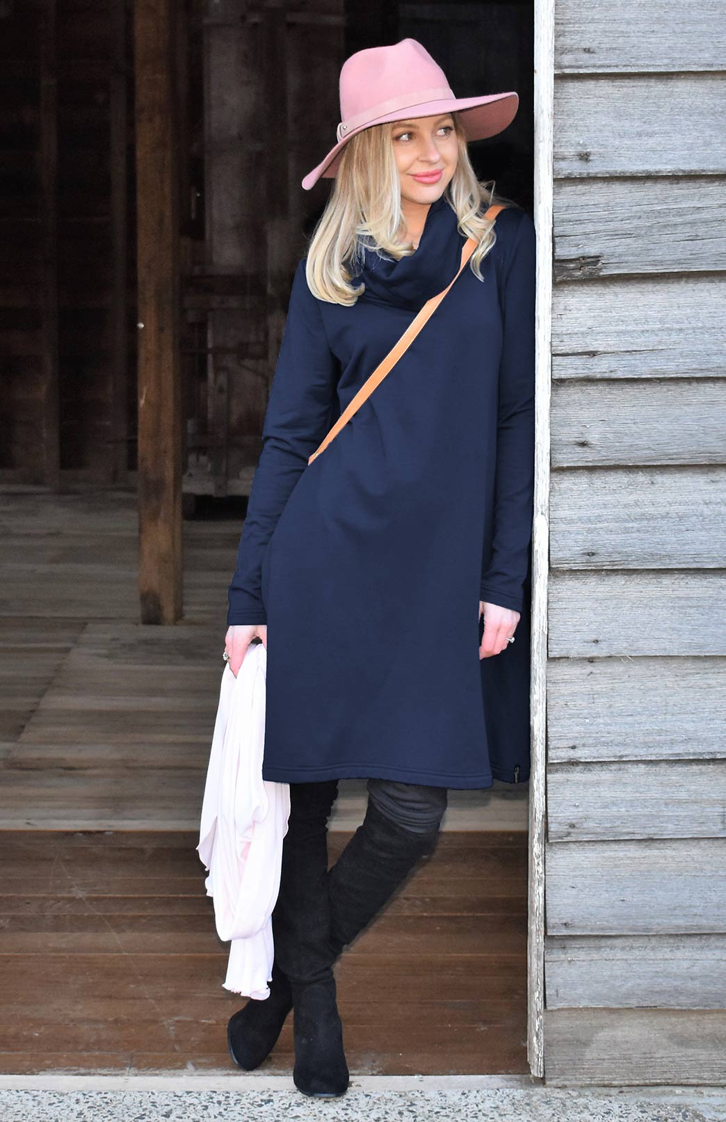 French Navy Blue Women's Merino Wool Cowl Neck Fleece Swing Dress with Pockets