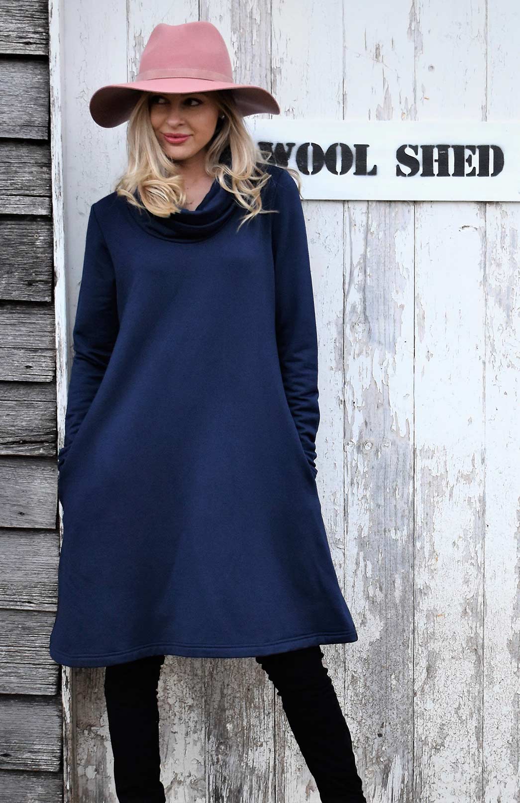 Cowl Neck Swing Dress - Fleece Women's Merino Wool Cowl Neck Fleece Swing Dress with Pockets