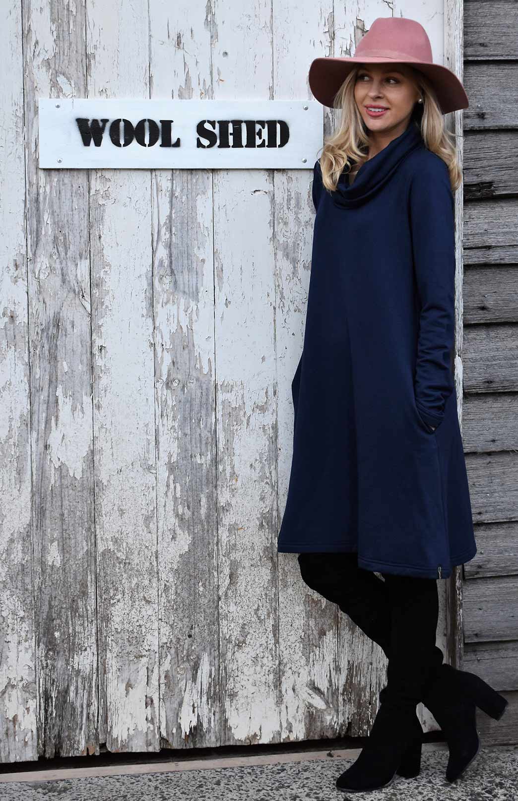 Cowl Neck Swing Dress - Fleece Women's Merino Wool Cowl Neck Fleece Swing Dress with Pockets