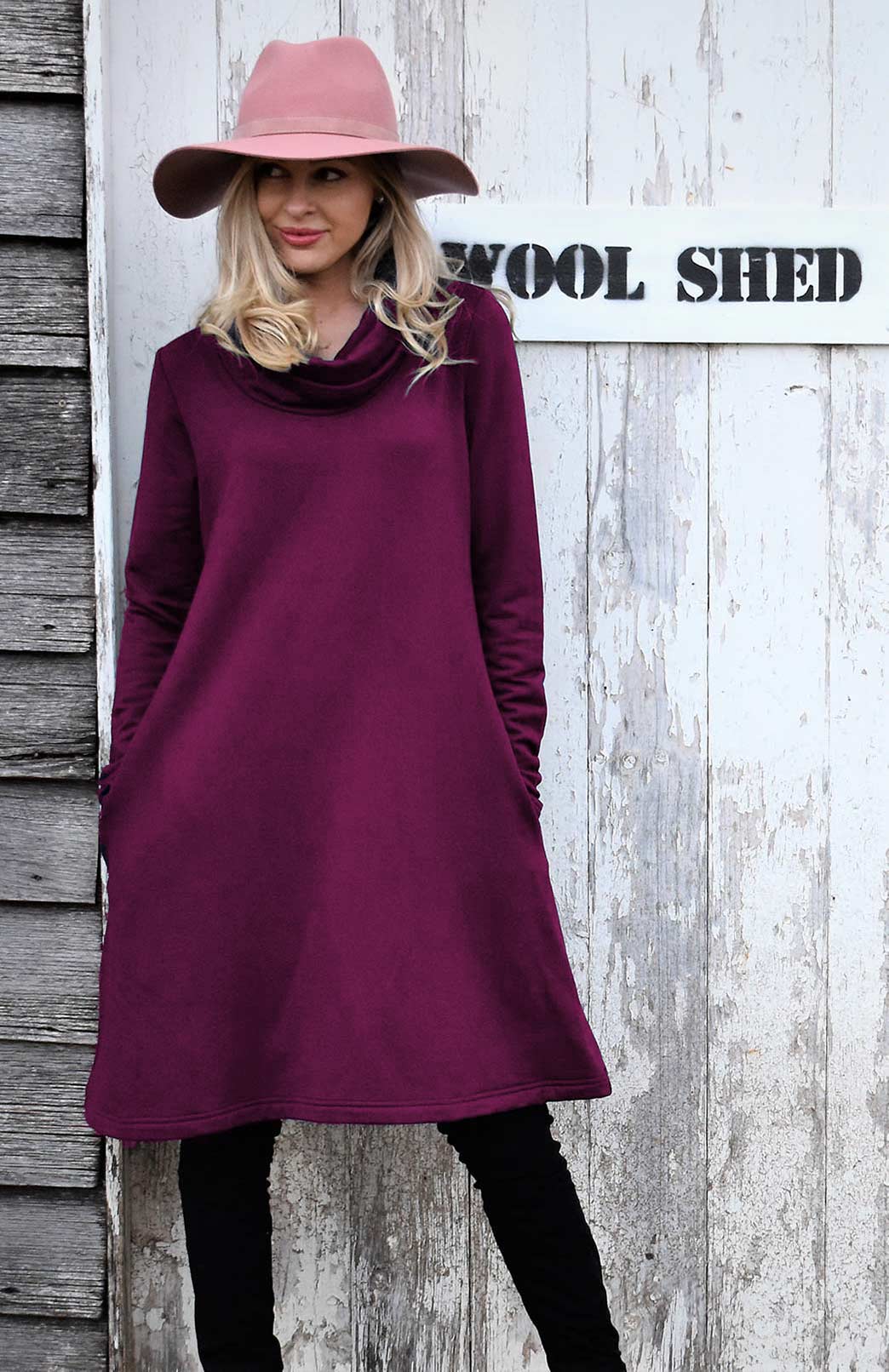 Magenta Women's Merino Wool Cowl Neck Fleece Swing Dress with Pockets
