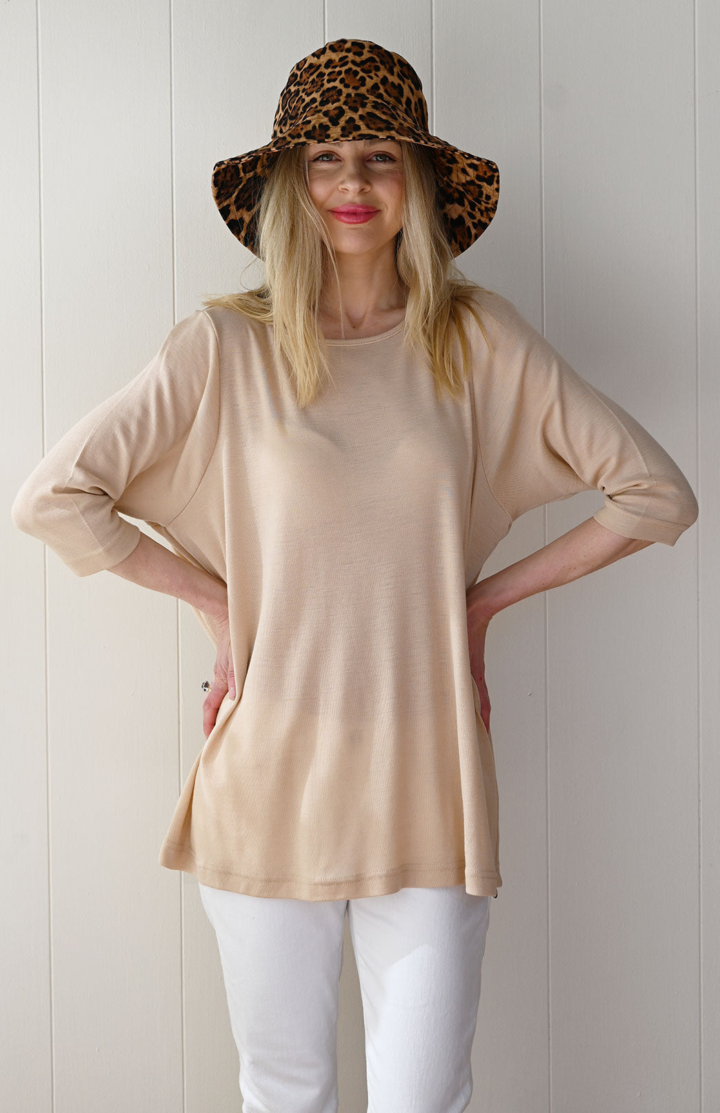 Camel Women's Merino Wool Flutter Top with 3/4 Sleeves