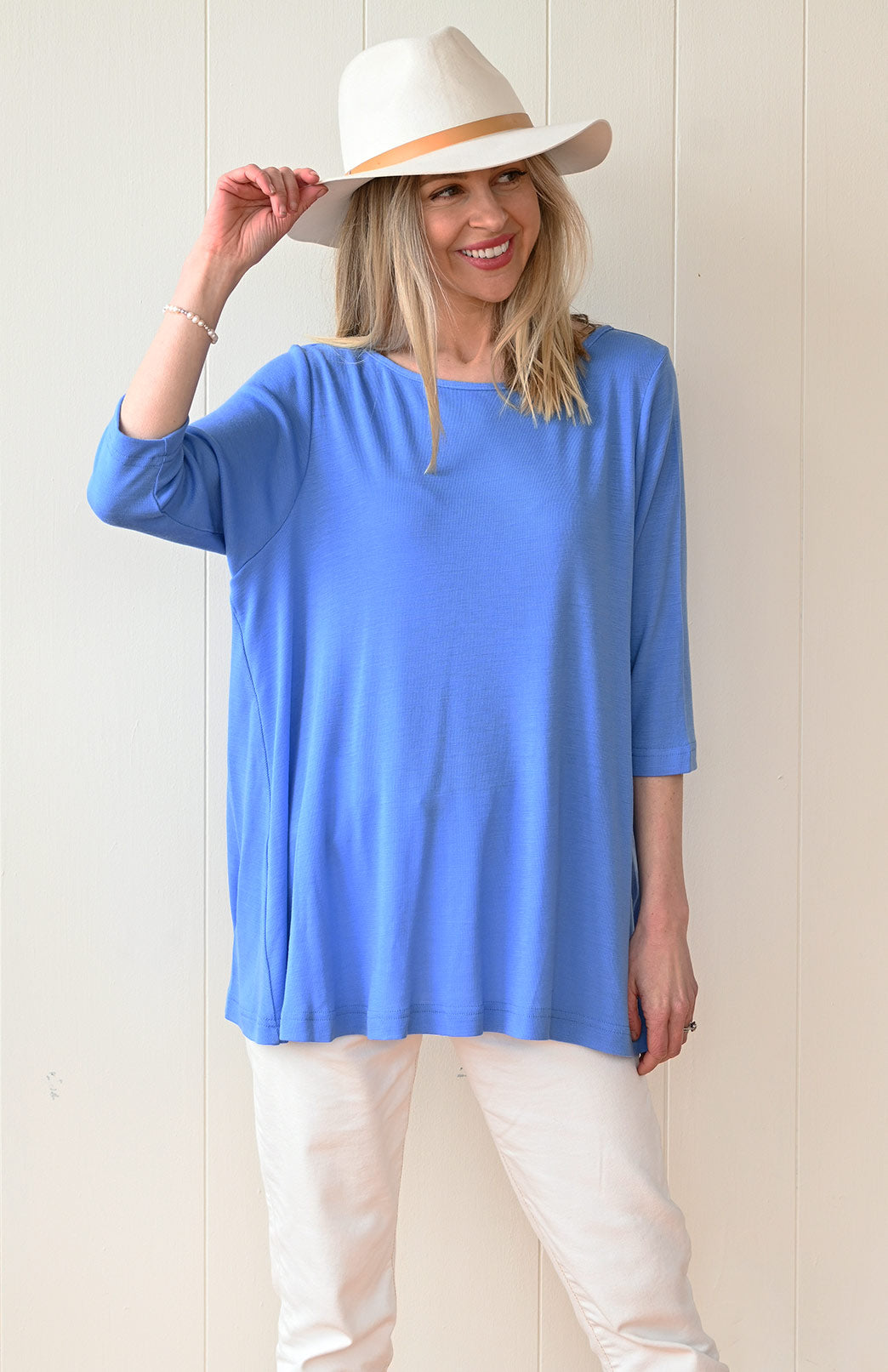 Cornflower Blue Women's Merino Wool Flutter Top with 3/4 Sleeves
