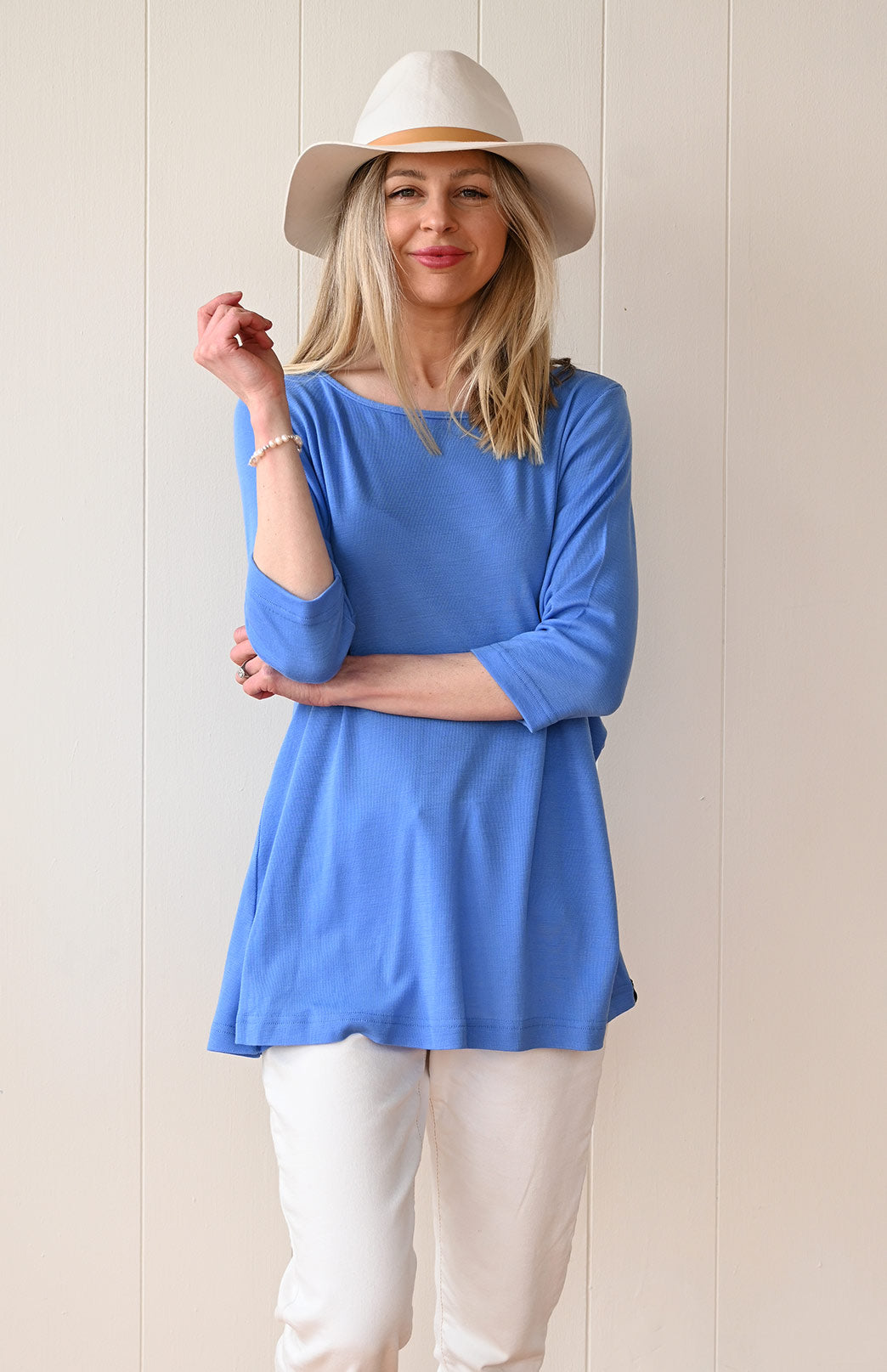 Cornflower Blue Women's Merino Wool Flutter Top with 3/4 Sleeves