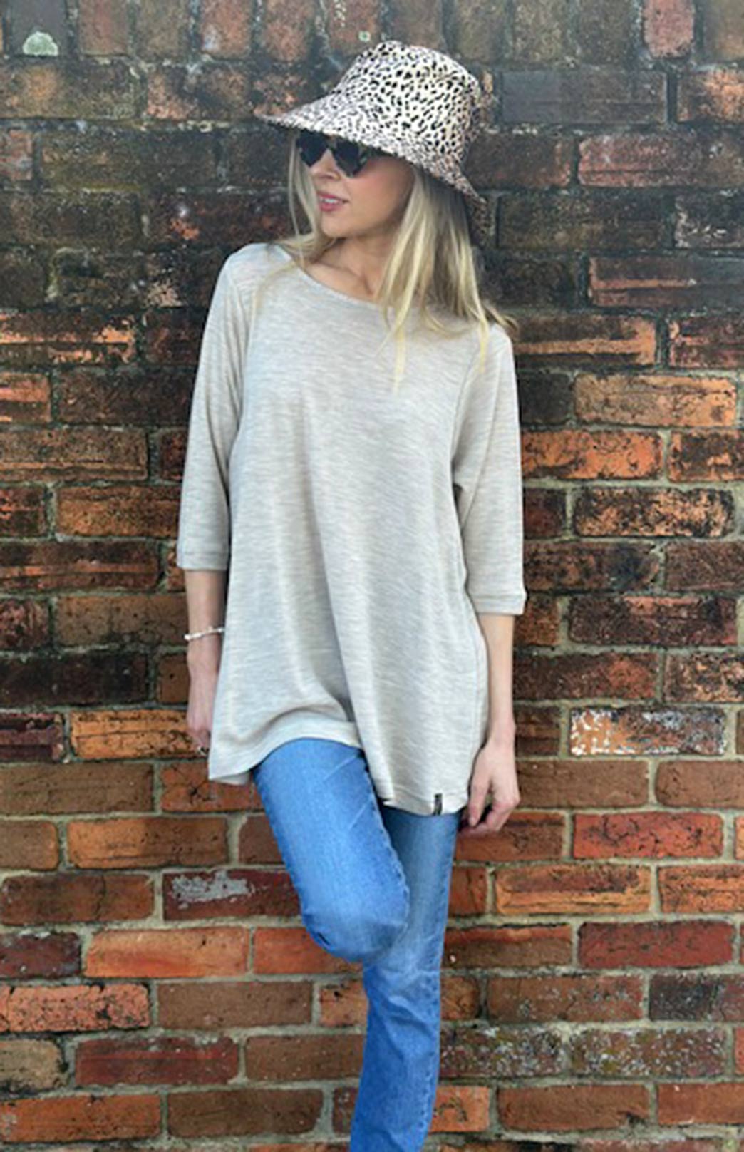 Oatmeal Marl Women's Merino Wool Flutter Top with 3/4 Sleeves