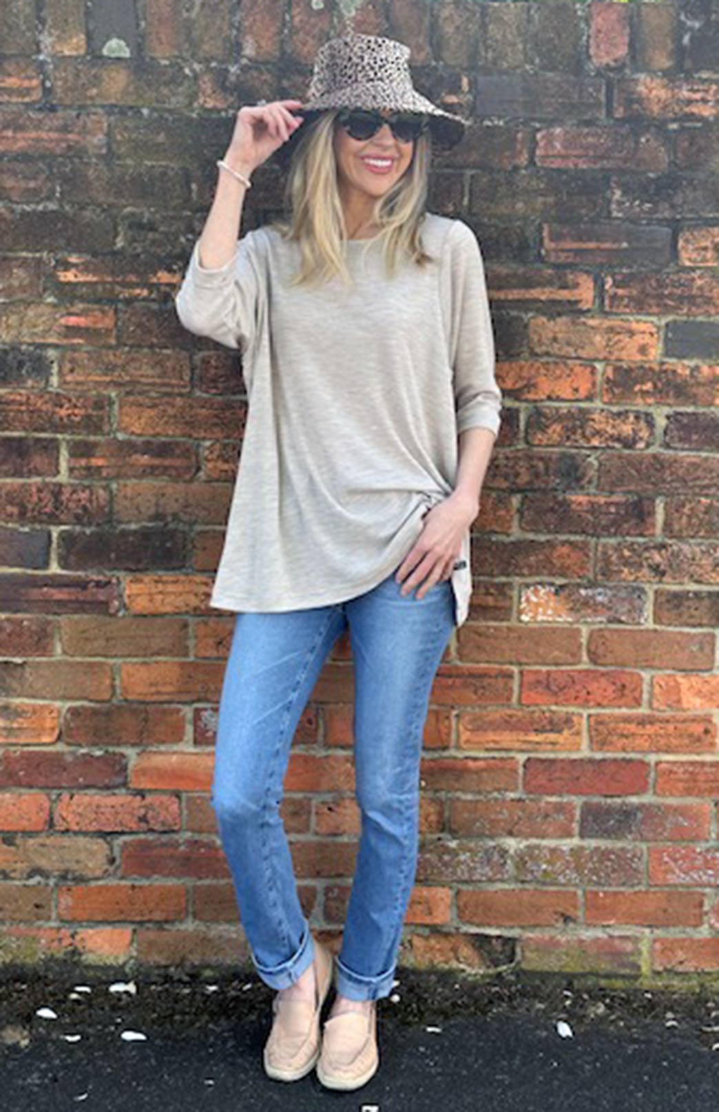 Oatmeal Marl Women's Merino Wool Flutter Top with 3/4 Sleeves