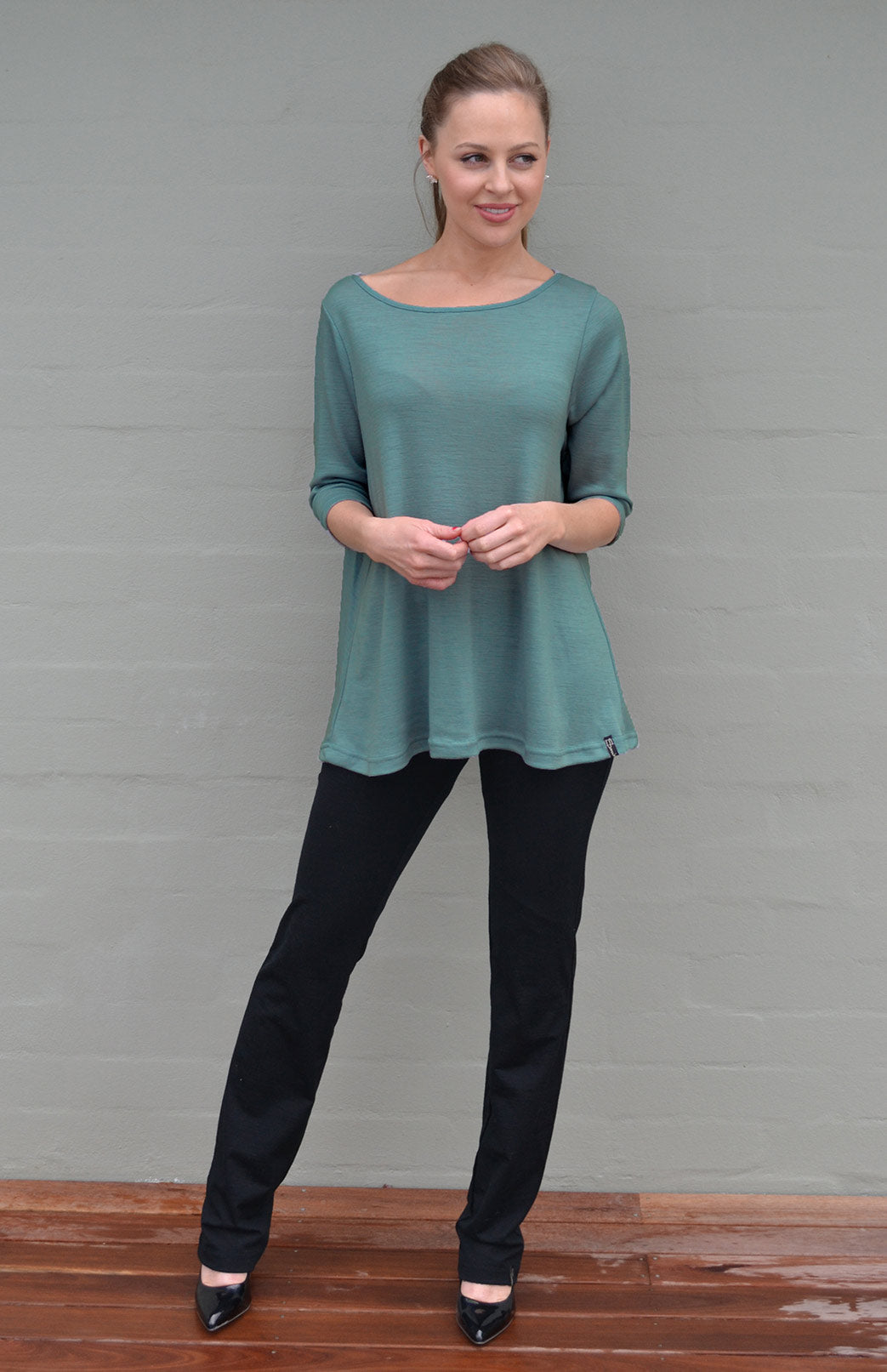 Sage Green Women's Merino Wool Flutter Top with 3/4 Sleeves