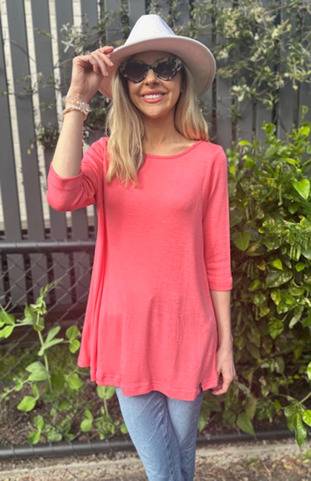 Watermelon Pink Women's Merino Wool Flutter Top with 3/4 Sleeves