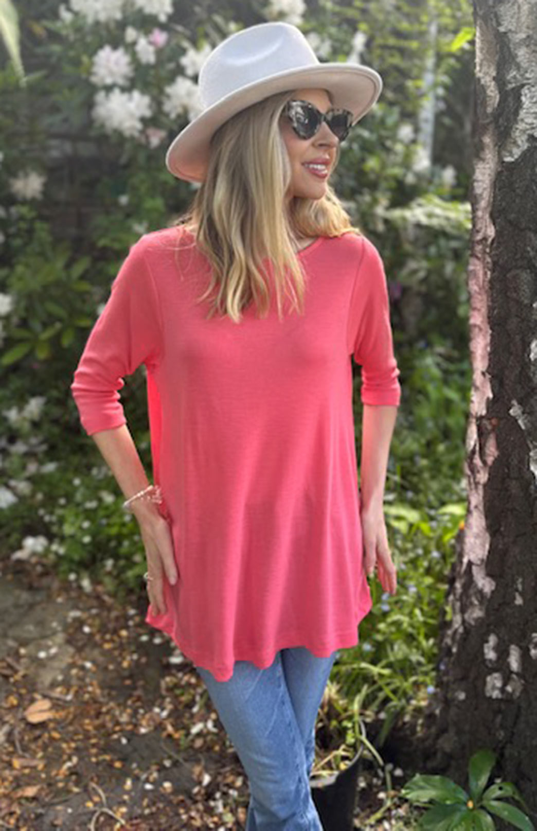 Watermelon Pink Women's Merino Wool Flutter Top with 3/4 Sleeves