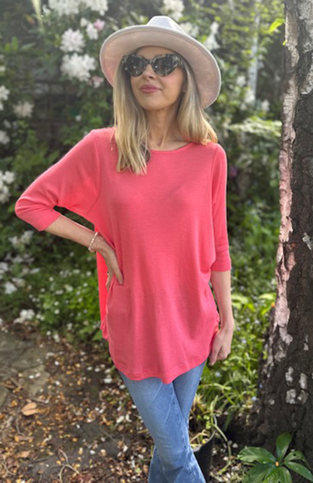 Watermelon Pink Women's Merino Wool Flutter Top with 3/4 Sleeves