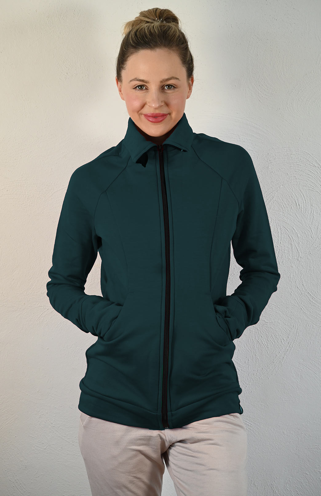 Deep Sea Green Women's Merino Wool and Modal Fitted Zip Jacket with Hood