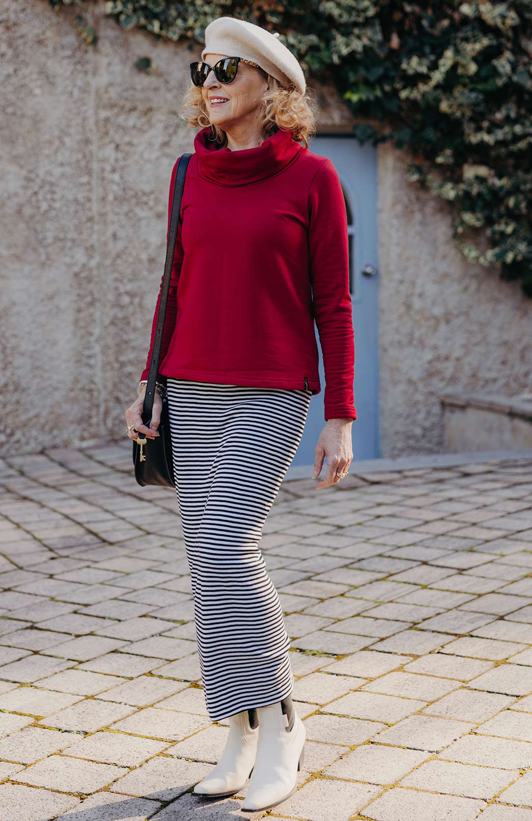 Navy & Ivory Narrow Stripe Women's Merino Wool Long Tube Skirt