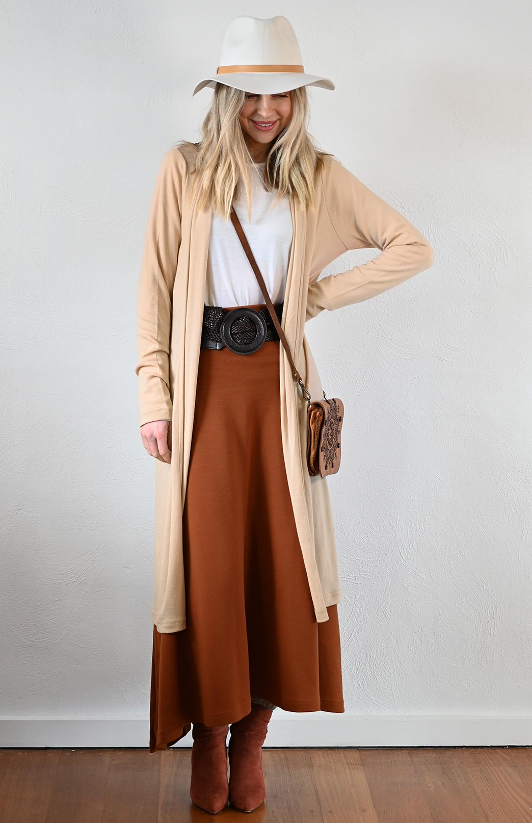 Camel Women's Merino Wool Long Drape Cardigan