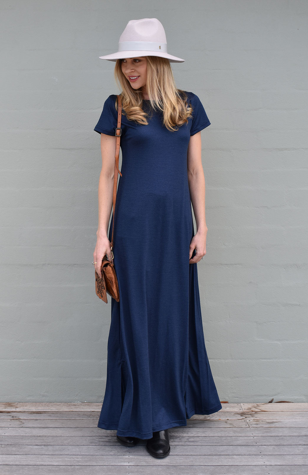 Navy Blue Women's Merino Wool Maxi Dress with Side Split