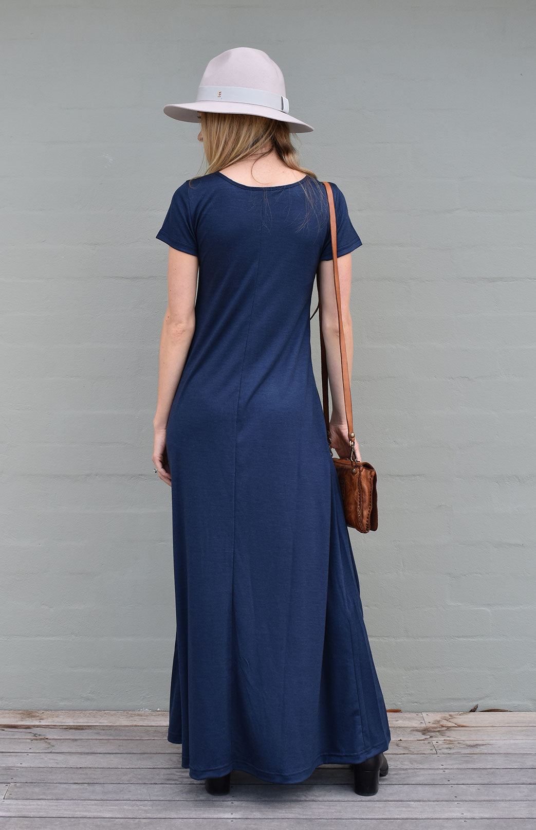 Navy Blue Women's Merino Wool Maxi Dress with Side Split