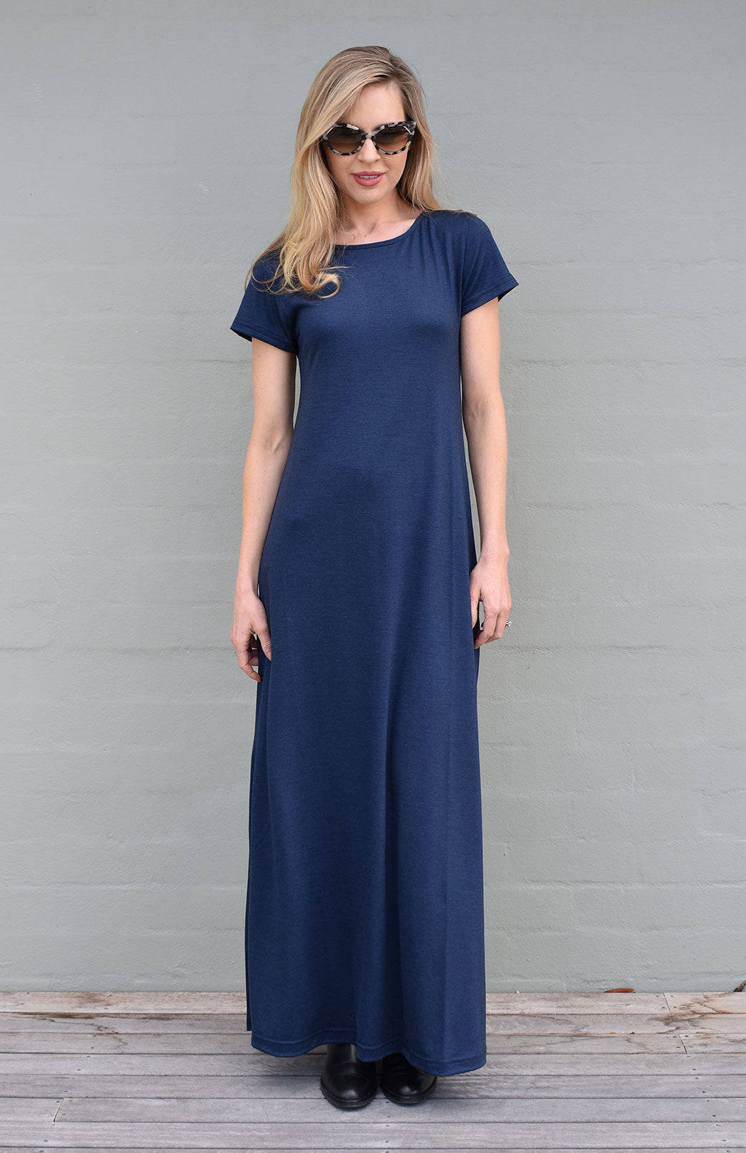 Navy Blue Women's Merino Wool Maxi Dress with Side Split