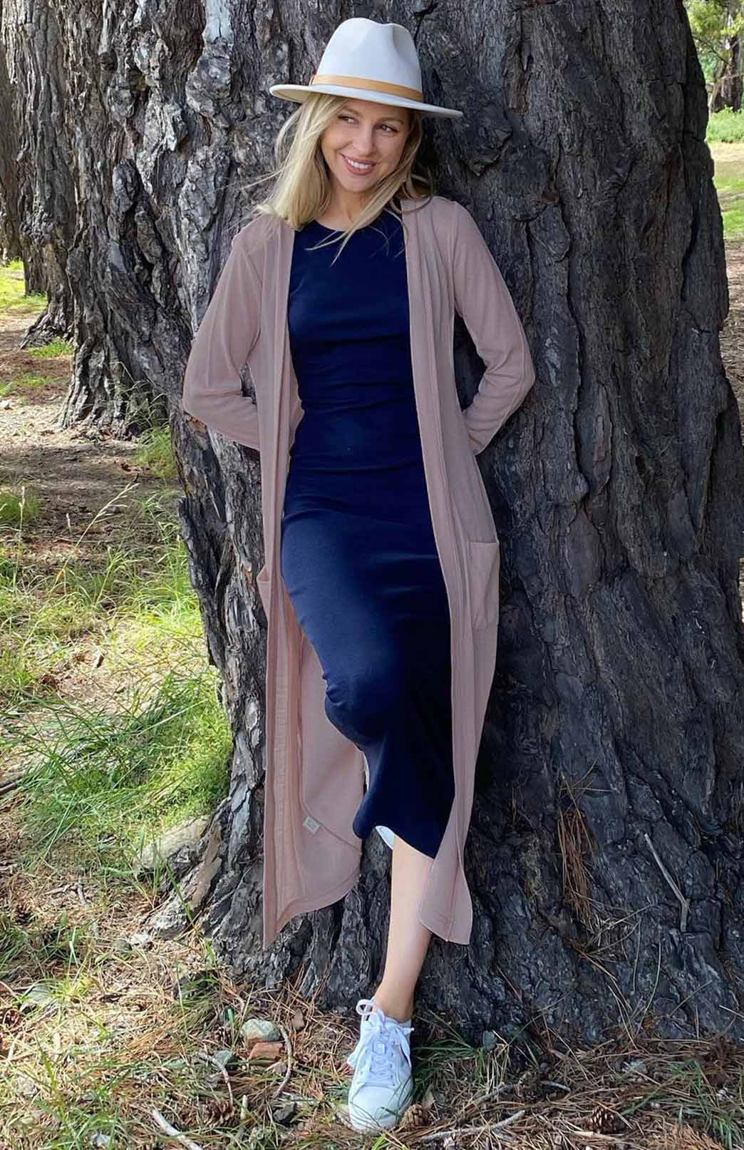 Dark Oatmeal Women's Slimline Long Cardigan with side pockets