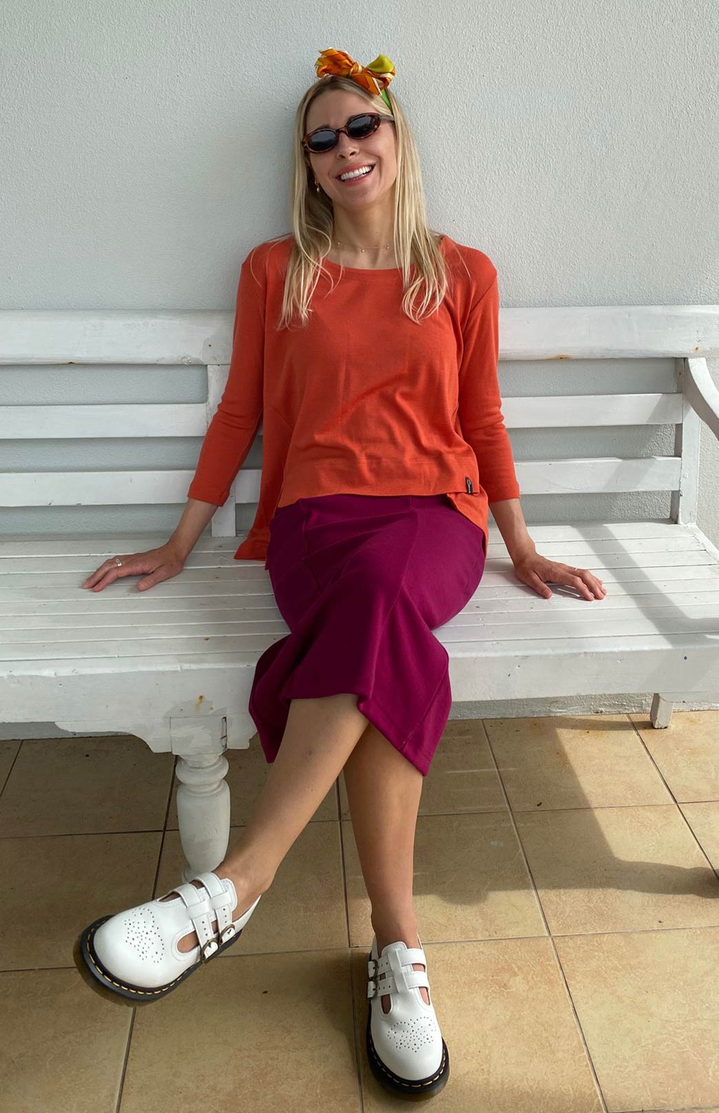 Burnt Orange Women's Merino Wool High-Low Top with 3/4 Sleeves