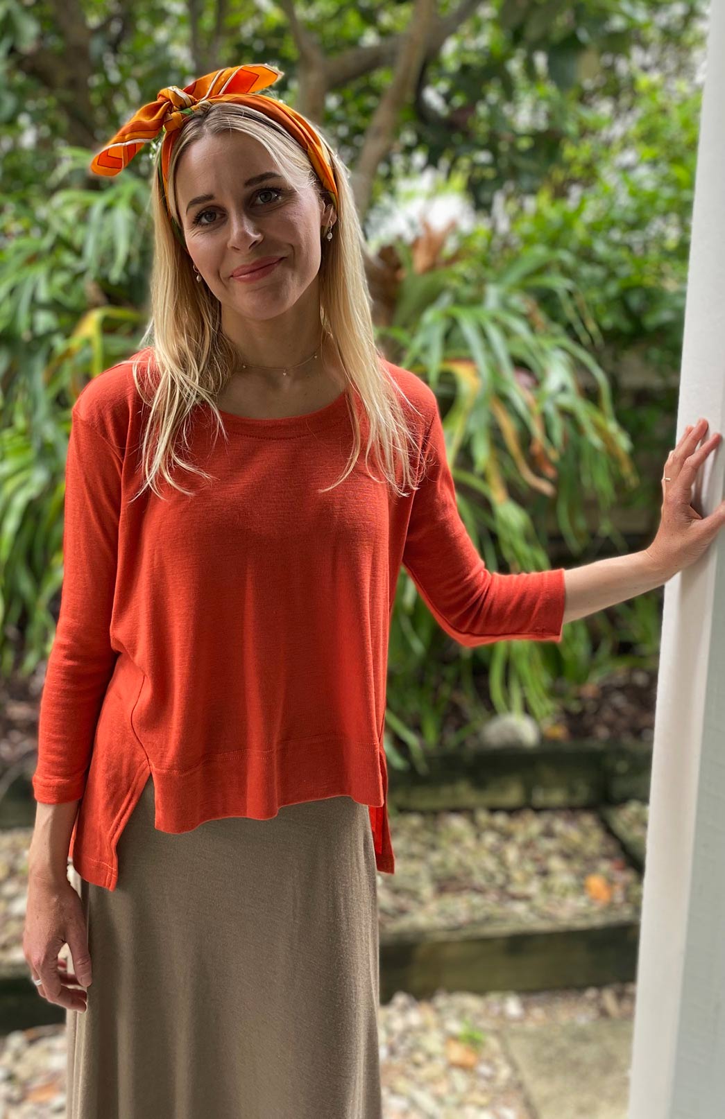 Burnt Orange Women&#39;s Merino Wool High-Low Top with 3/4 Sleeves
