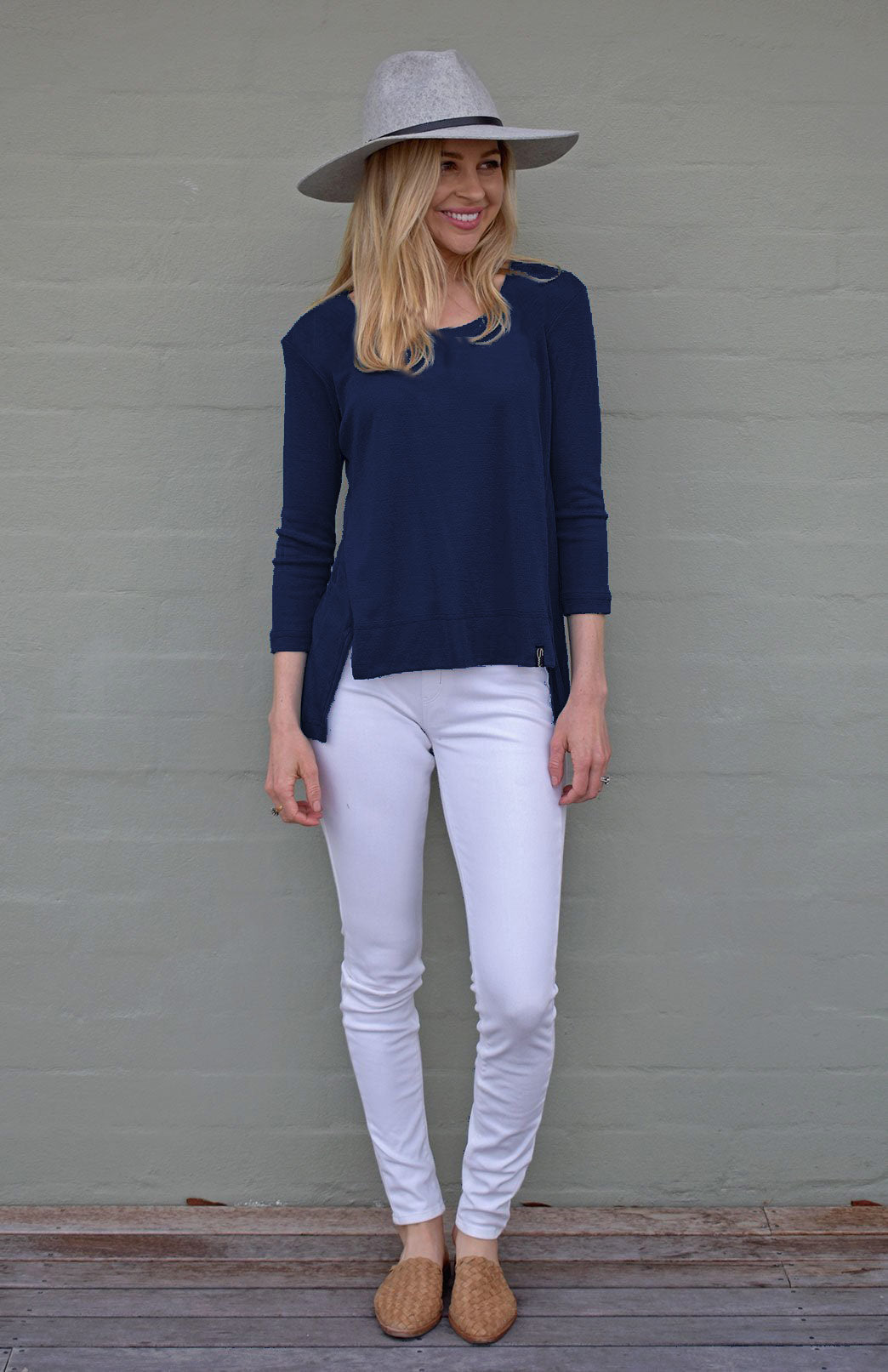French Navy Blue Women's Merino Wool High-Low Top with 3/4 Sleeves