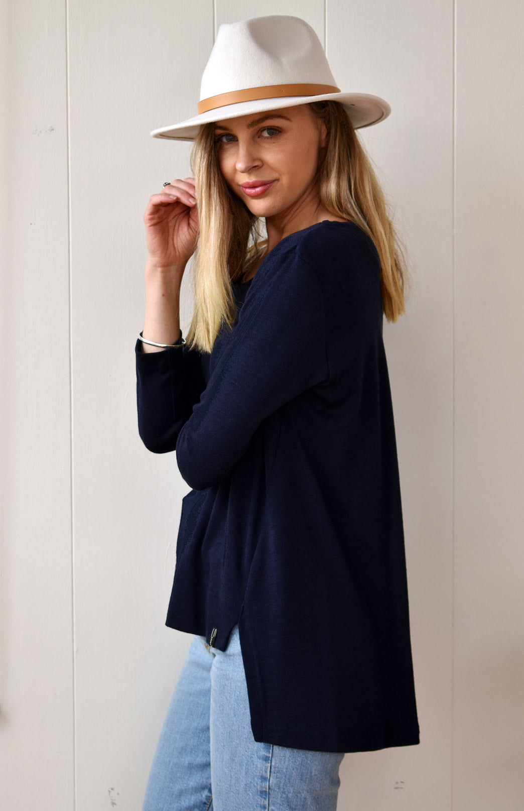 French Navy Blue Women's Merino Wool High-Low Top with 3/4 Sleeves