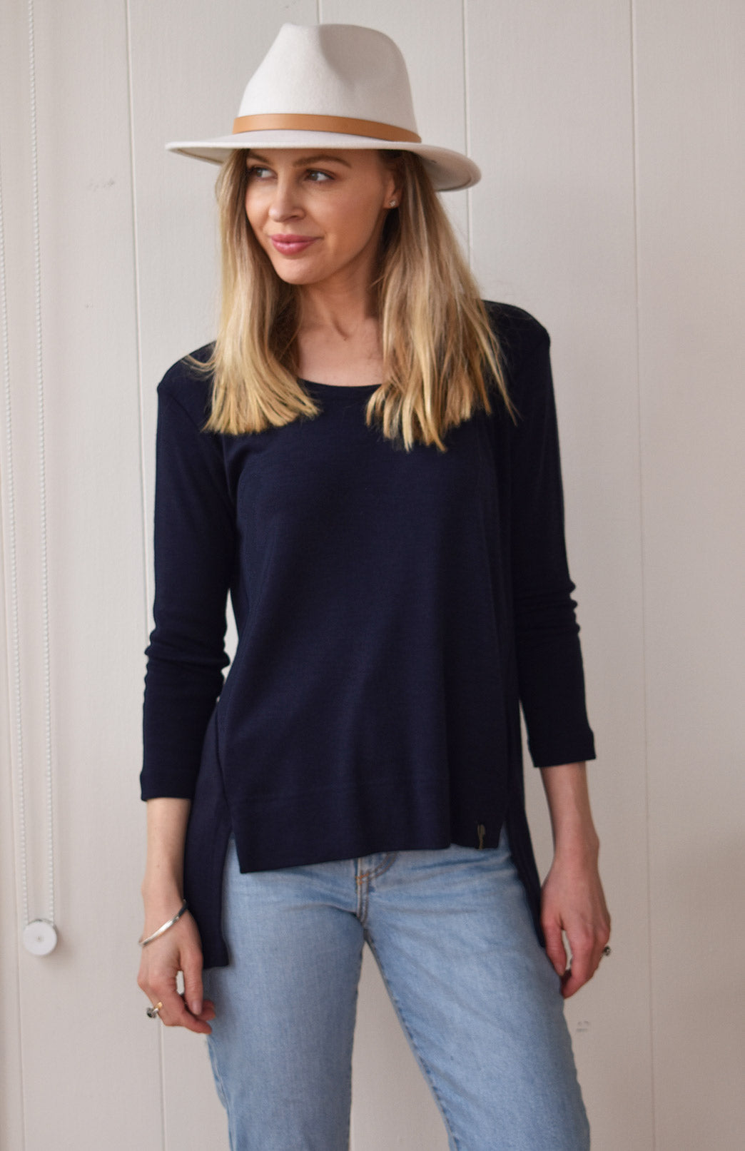 French Navy Blue Women's Merino Wool High-Low Top with 3/4 Sleeves