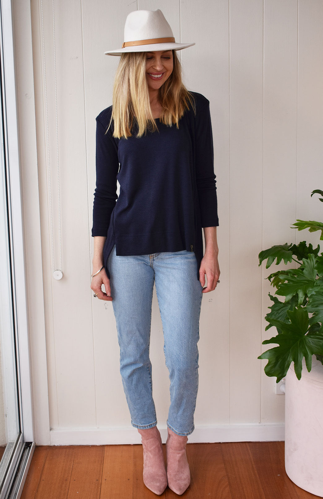 French Navy Blue Women's Merino Wool High-Low Top with 3/4 Sleeves
