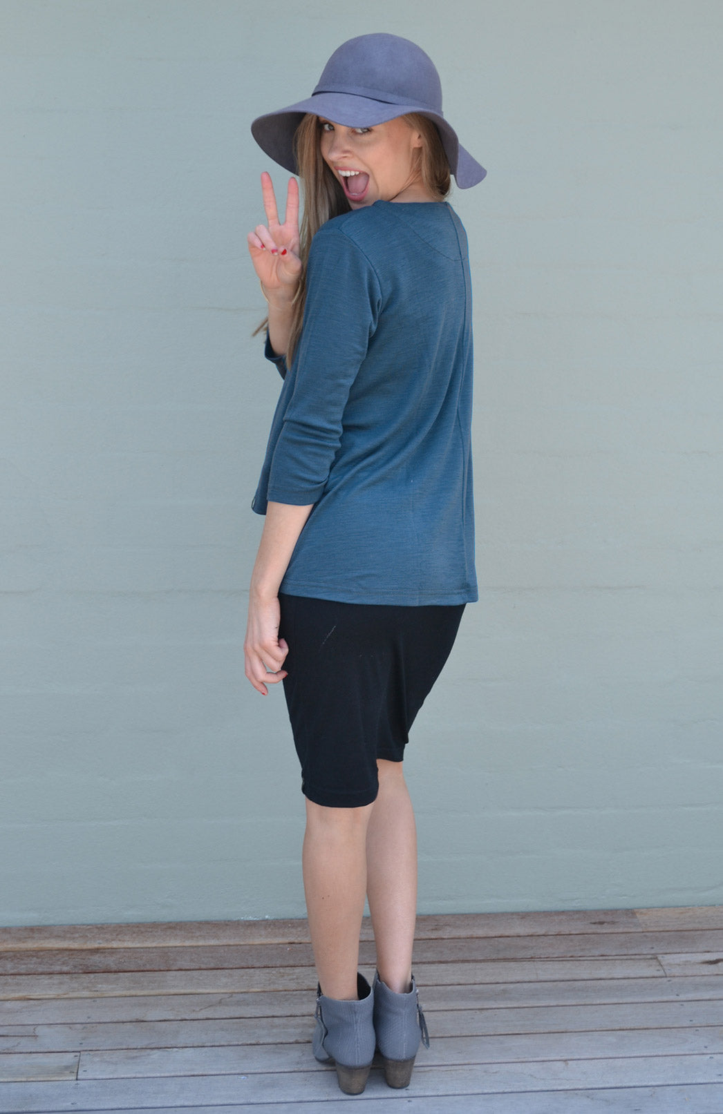 Storm Teal Women's Merino Wool High-Low Top with 3/4 Sleeves