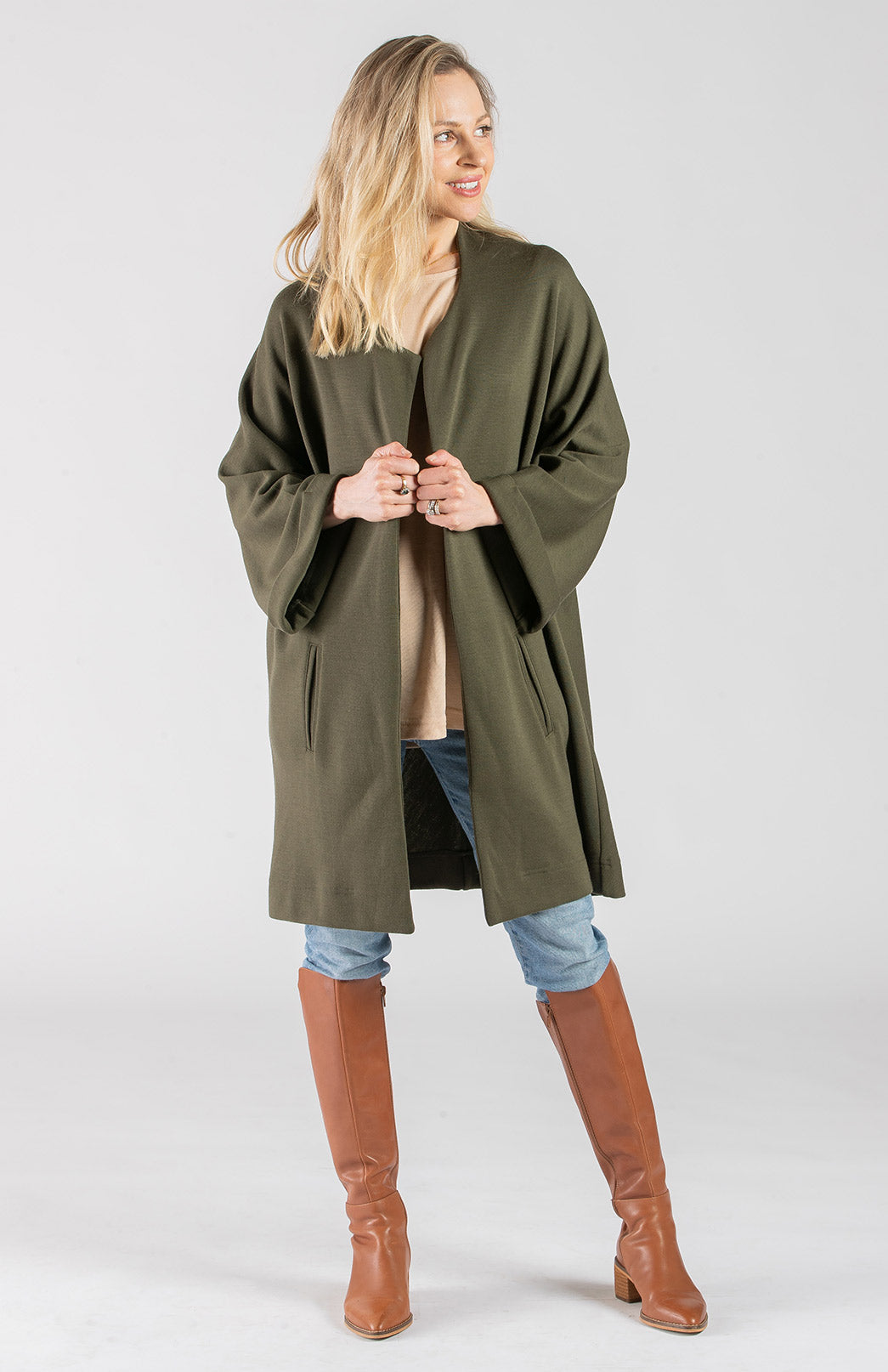 Olive Green Women's Kimono Style Merino Wool Coat
