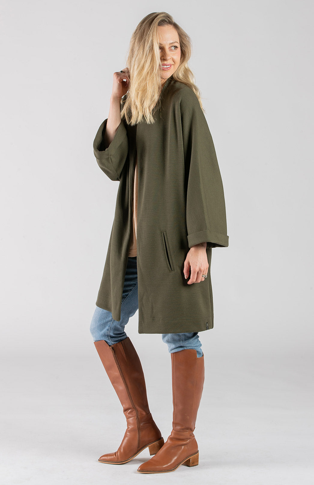 Olive Green Women's Kimono Style Merino Wool Coat

