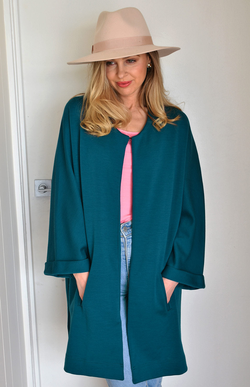 Storm Teal Women's Kimono Style Merino Wool Coat