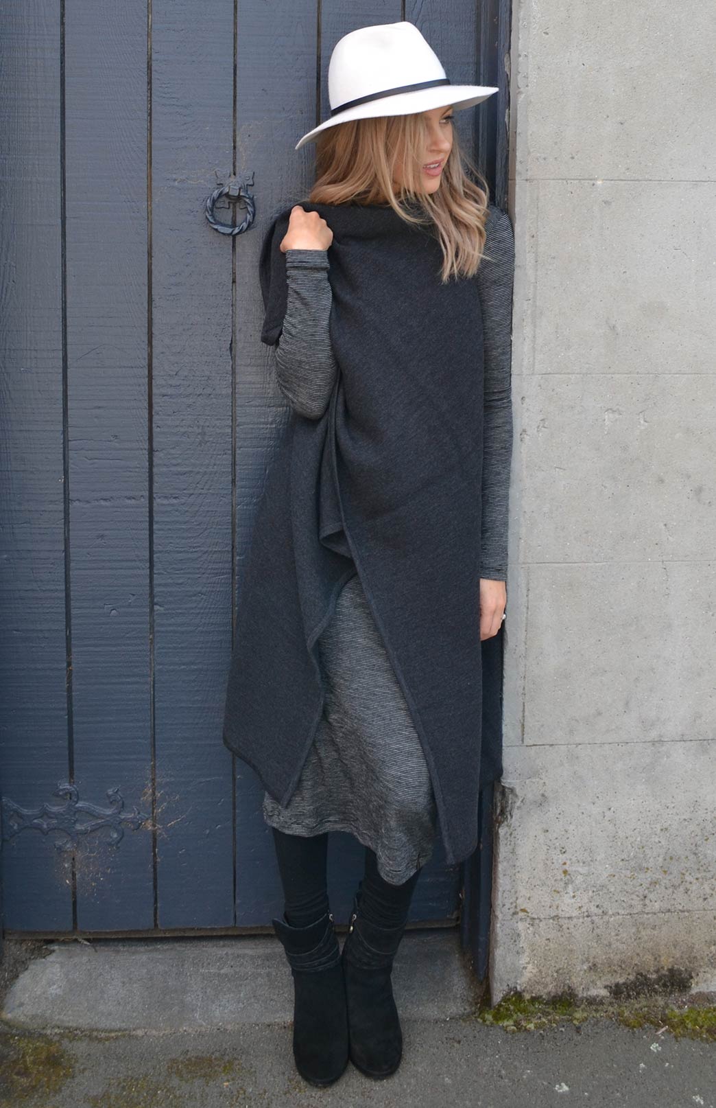 Black Pinstripe Women's Merino Wool Midi Length Dress with Long Sleeves