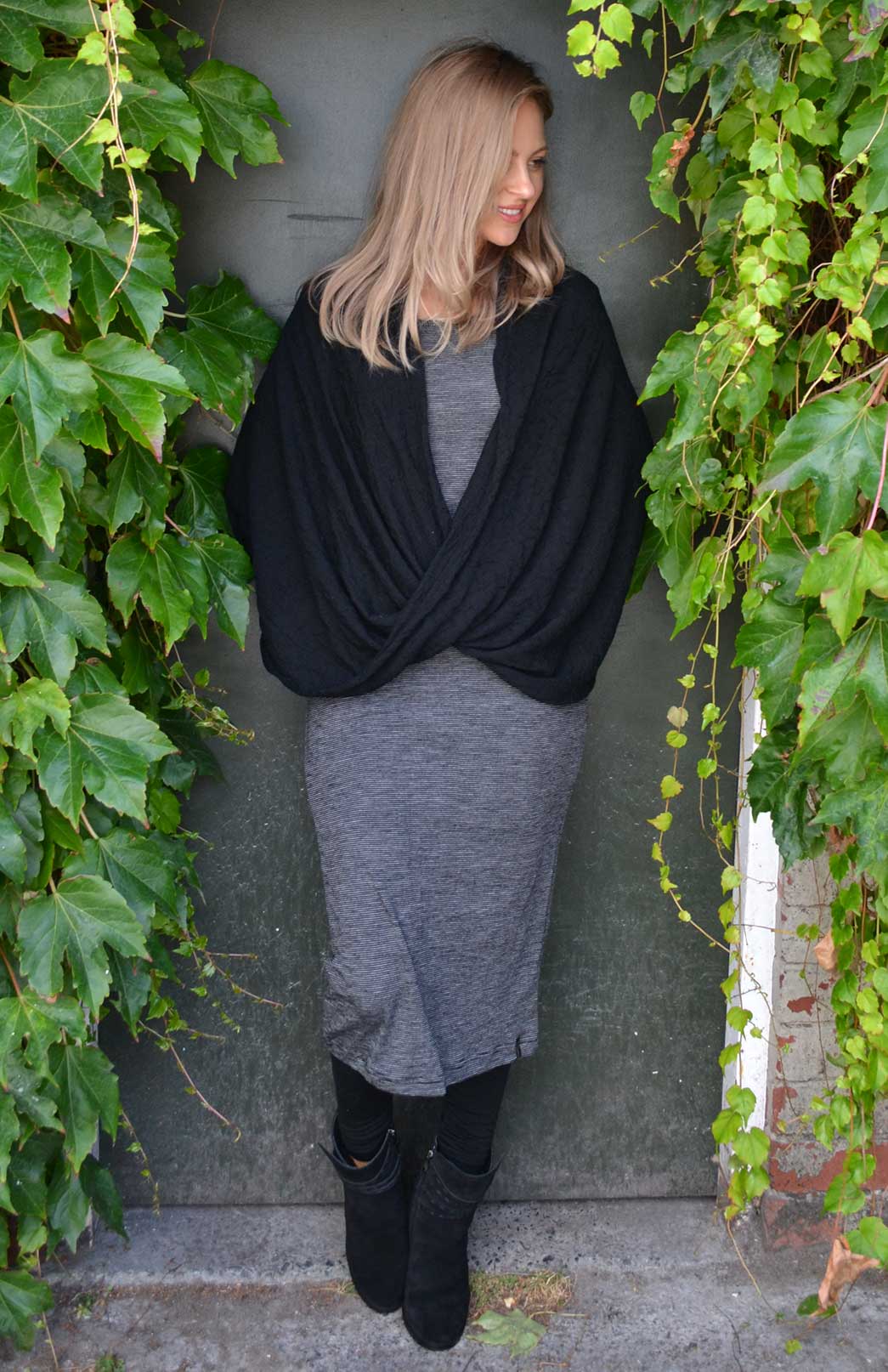 Black Pinstripe Women's Merino Wool Midi Length Dress with Long Sleeves