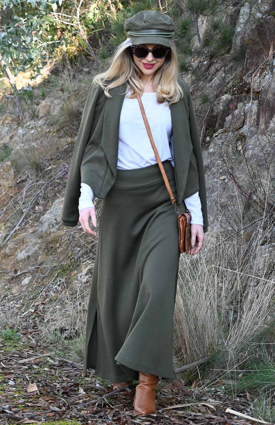 Olive Green Women's Merino Wool Ponte A-Line Midi Skirt
