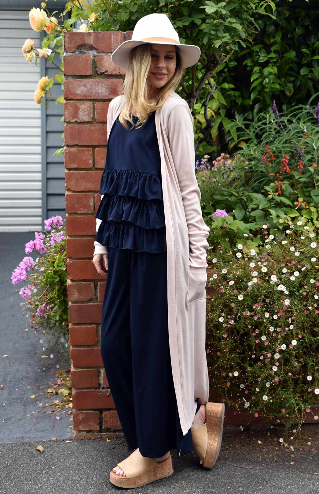 French Navy Blue Women's Merino Wool Crop Pants with Wide Leg in jersey fabric 