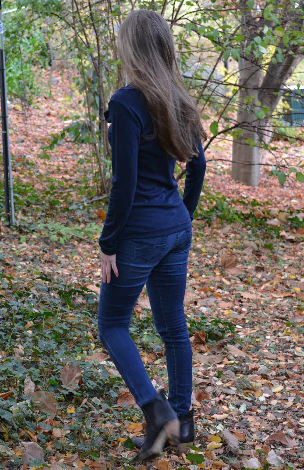 French Navy Blue Women's Merino Wool Cowl Neck Top with Long Sleeves