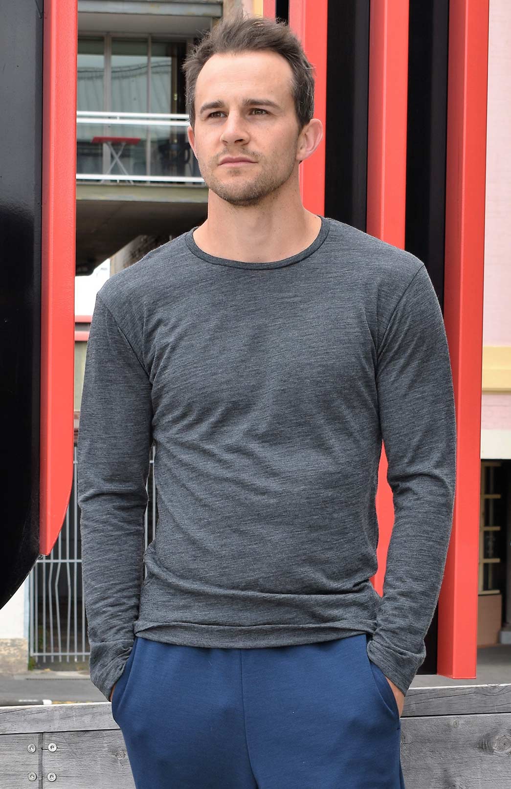 Charcoal Marl Men's Merino Wool Ultralight Long Sleeve Crew Neck Top