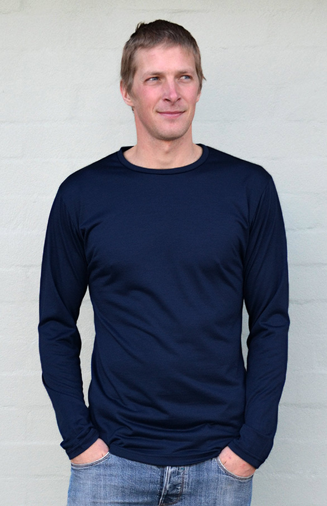 Navy Blue Unisex Merino Wool Long Sleeve Lightweight Crew Neck Top
