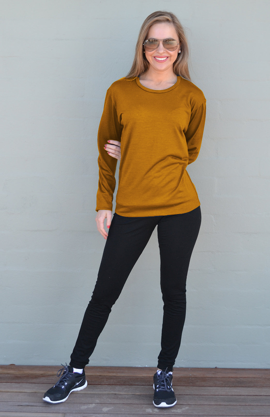 Dark Mustard Women&#39;s Merino Wool Long Sleeve Lightweight Crew Neck Top
