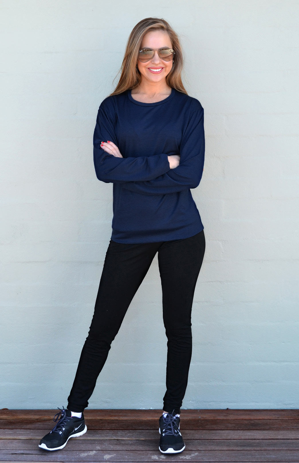 Midnight Blue Women&#39;s Merino Wool Long Sleeve Midweight Crew Neck Top
