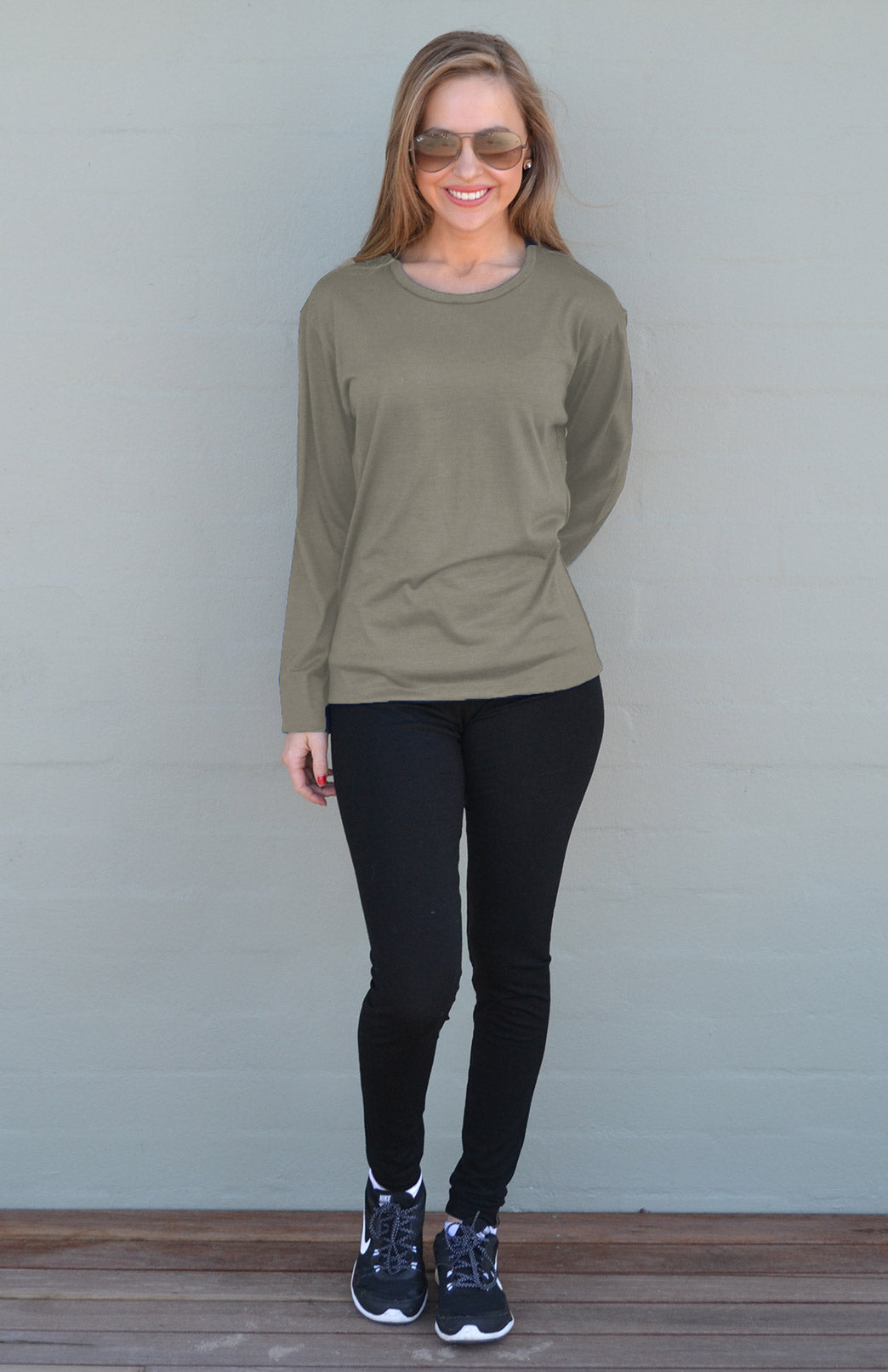 Dark Mustard Women&#39;s Merino Wool Long Sleeve Lightweight Crew Neck Top
