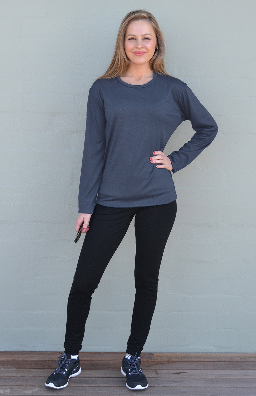 Slate Grey Women's Merino Wool Long Sleeve Lightweight Crew Neck Top