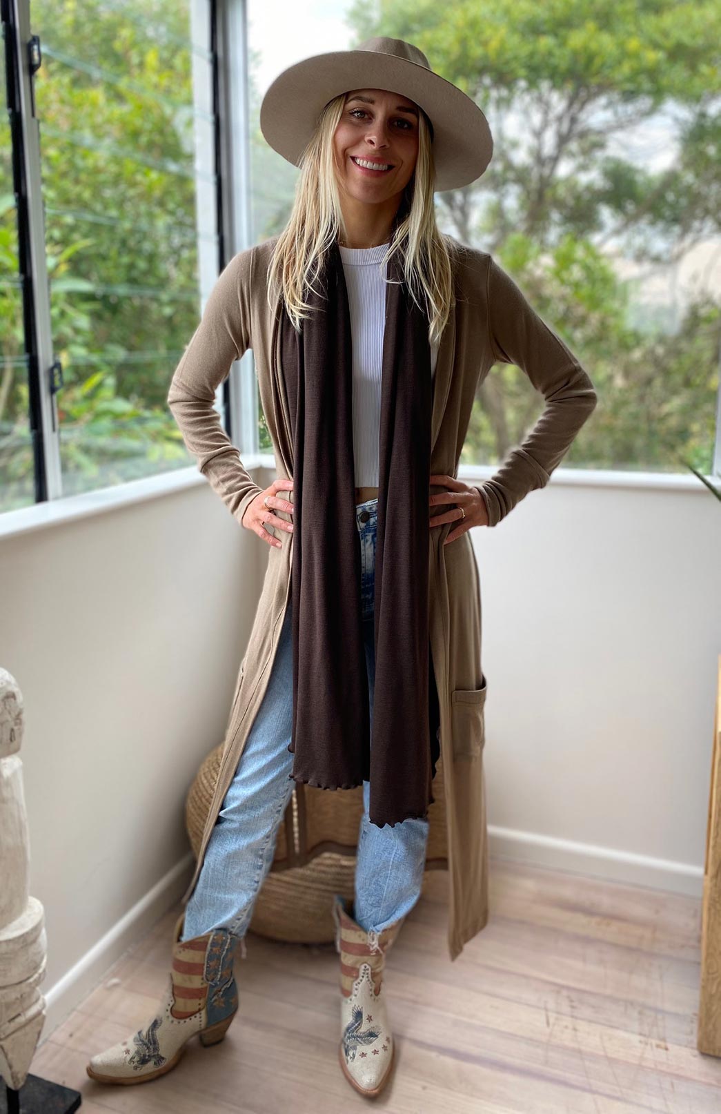 Caramel Women's Slimline Long Cardigan with side pockets