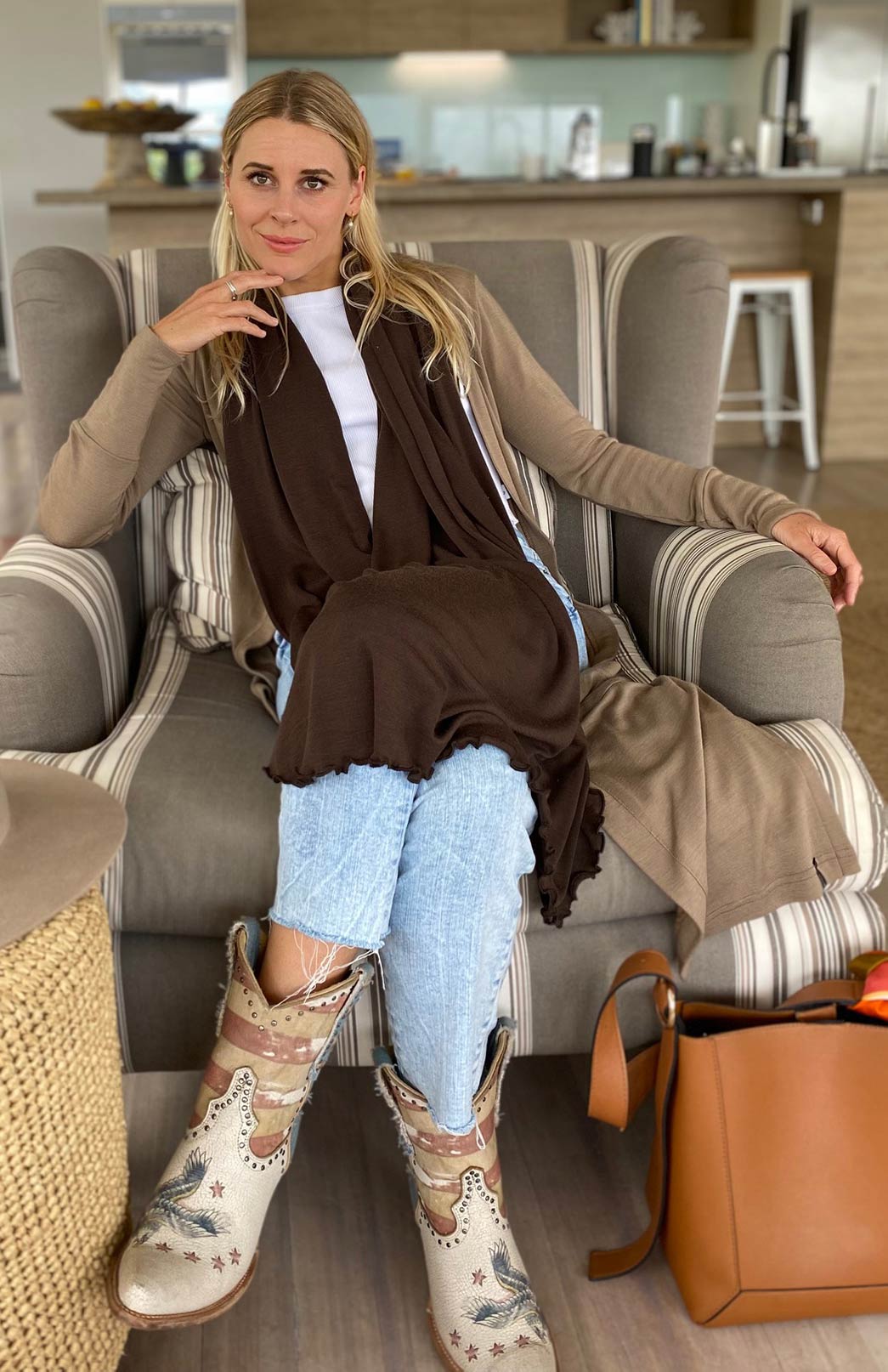 Caramel Women's Slimline Long Cardigan with side pockets