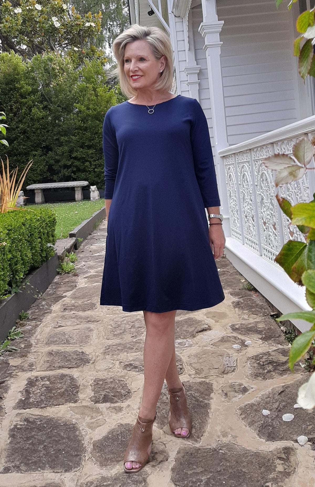 French Navy Blue Women's Merino Wool Swing Dress