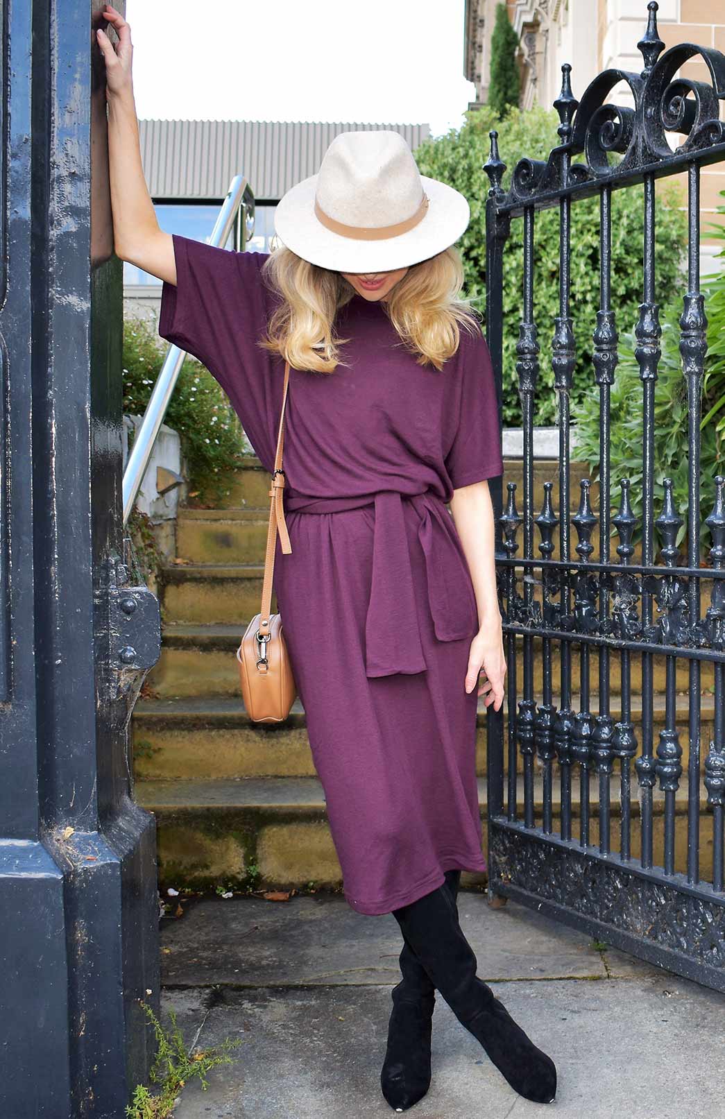 Aubergine Purple Women's Merino Wool Loose Fit Dress with Waist Tie