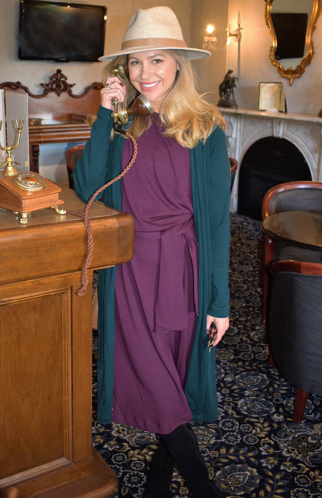 Aubergine Purple Women's Merino Wool Loose Fit Dress with Waist Tie