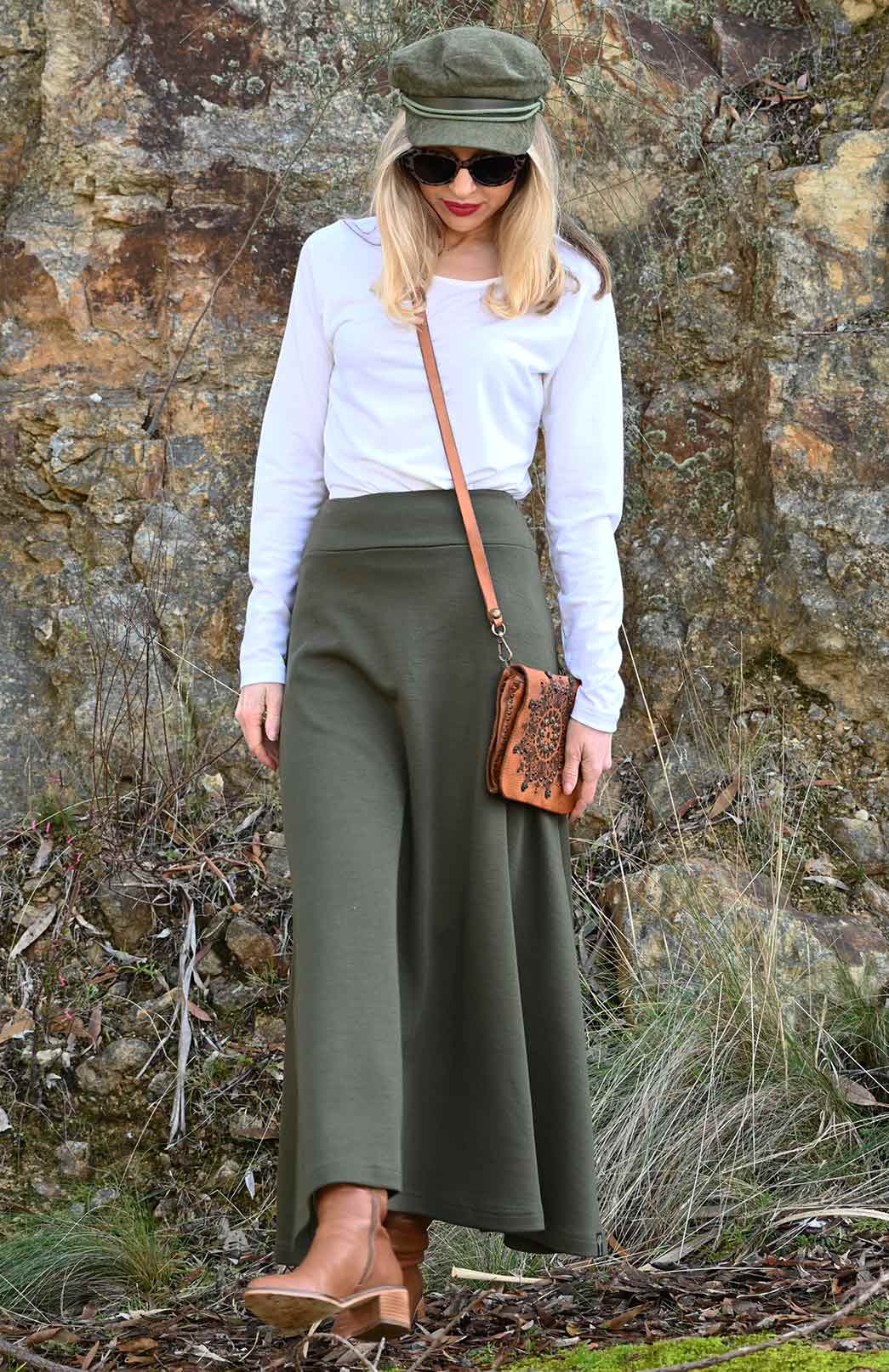 Olive Green Women's Merino Wool Ponte A-Line Midi Skirt
