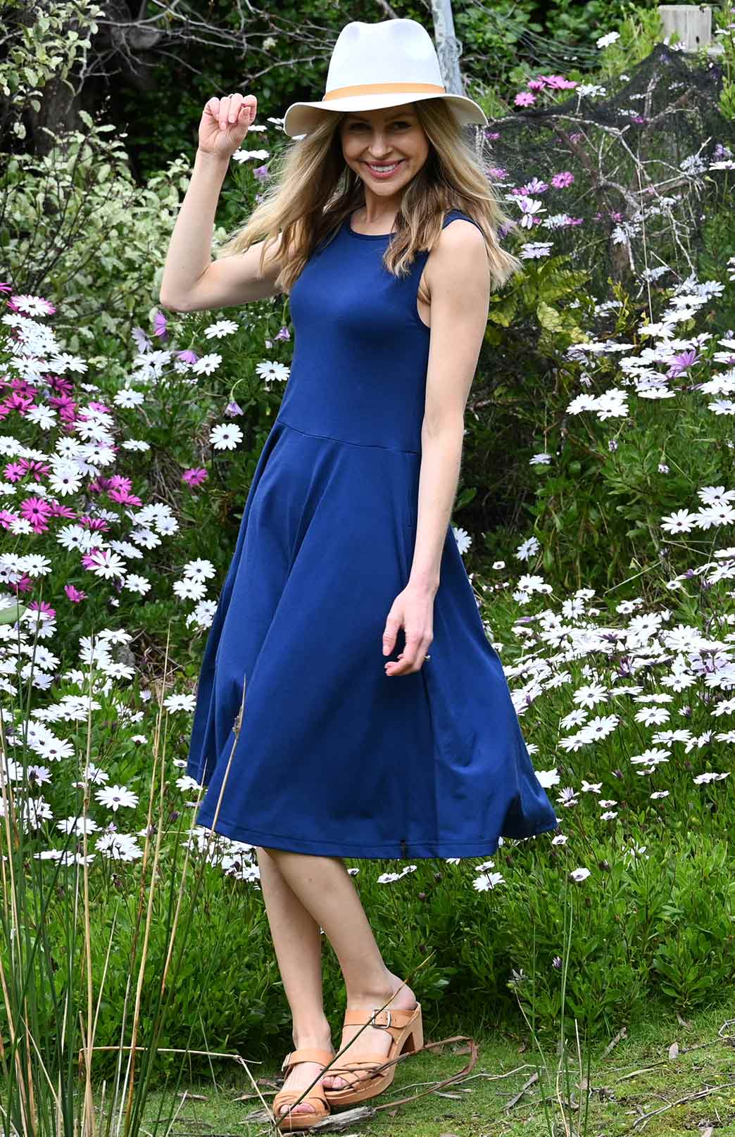 Cobalt Blue Women's Merino Wool Fit and Flare Dress - Sleeveless