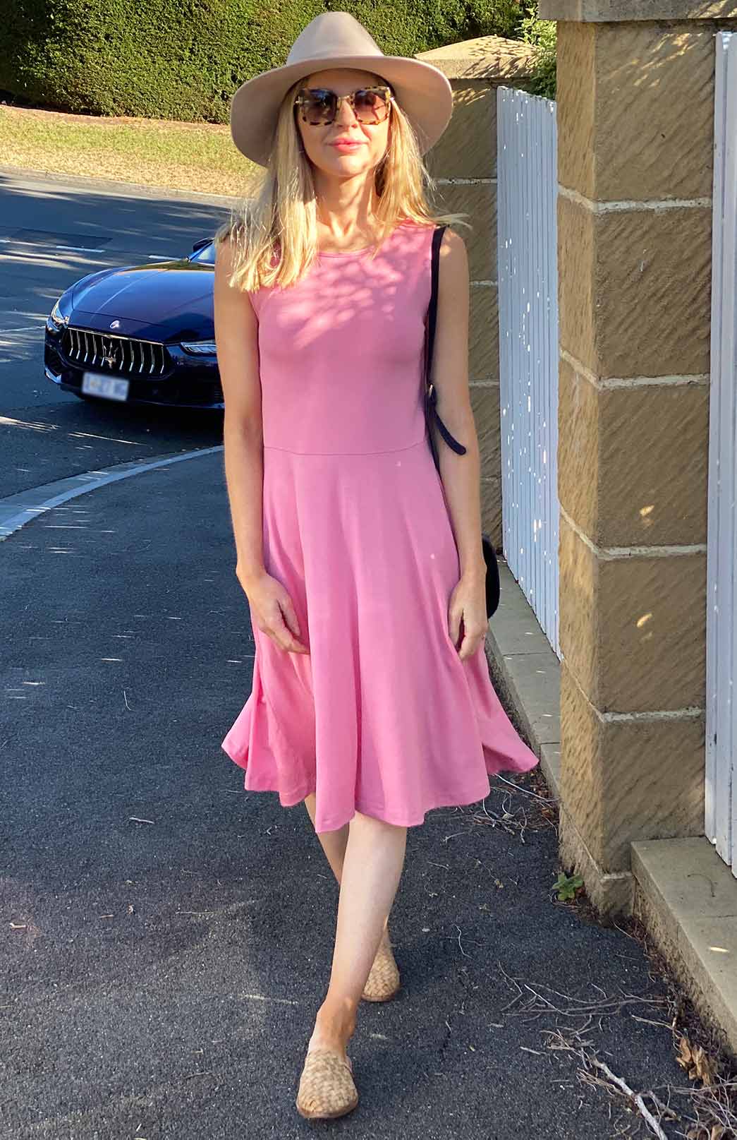 Carnation Pink Women's Merino Wool Fit and Flare Dress - Sleeveless